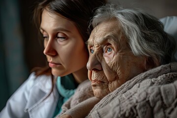 A young doctor girl listens to an elderly grandmother in the hospital. Taking care of the older generation.