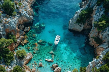 Encircled by steep cliffs, the yacht glides through the clear blue waters, offering a sense of peace beneath the open sky