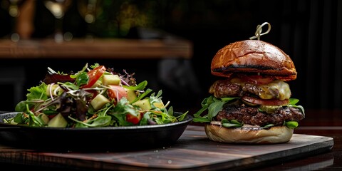 A large juicy burger with a beef patty on a wooden board with a plate of salad. The interior of the evening kitchen.