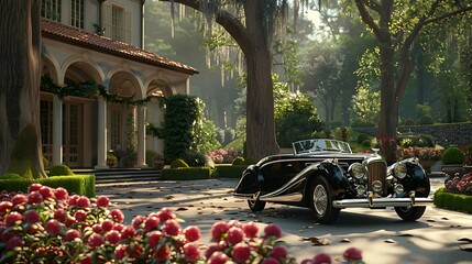 Envision a grand estate, where manicured gardens stretch to meet the horizon. Within this aristocratic setting, a rare vintage car sits, a symbol of refined taste and timeless luxury, 