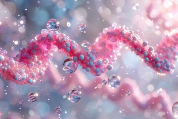 Close-up of a sparkling DNA helix structure surrounded by floating water droplets in a magical 3D illustration