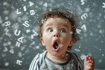 Excited Toddler with Alphabet Letters Flying Around. Funny baby boy with flying letters in the background with copy space.