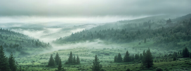 Green landscape of foggy forest