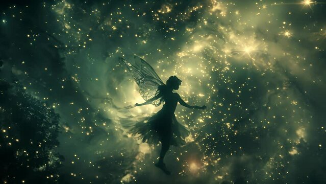 A fairy is floating in the sky with stars around her. The image has a dreamy and whimsical mood