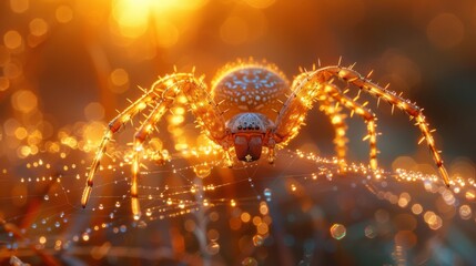 Discover the captivating beauty of a golden silk orb weaver as it gracefully traverses its intricate web, spinning delicate strands of shimmering silk in the warm glow of the morning sun. 