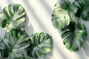 High-resolution image of Monstera leaves with intricate details, playing with light and shadow on a white background