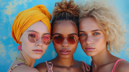Three women with different colored head scarves stand in front of a blue sky. The women are smiling and appear to be posing for a photo. Concept of unity and diversity