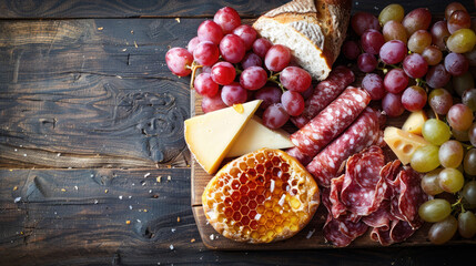 A rustic wooden table overflowing with a charcuterie and cheese spread,  background, generative ai