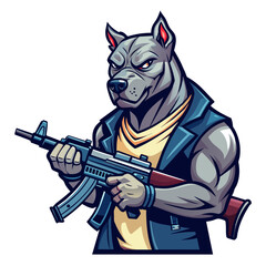 Stylized Pitbull Dog holding a submachine gun, exuding a sense of power and readiness