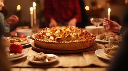 Fototapeta premium Thanksgiving family dinner. Traditional apple pie and vegan meal close up, with blurred happy people around the table celebrating the holiday.