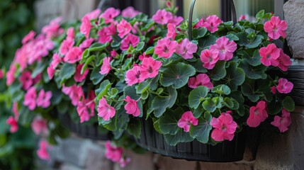 Marvel at the stunning beauty of Pelargonium peltatum with an image that captures the plant's lush foliage and vibrant blooms cascading from a hanging basket or trailing gracefully over a garden wall.