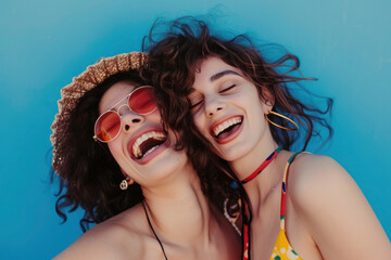 Two multiethnic women are smiling and laughing together. One of them has ear ring. Scene is happy and lighthearted. True emotions
