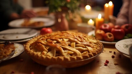 Thanksgiving family dinner. Traditional apple pie and vegan meal close up, with blurred happy people around the table celebrating the holiday. - Powered by Adobe