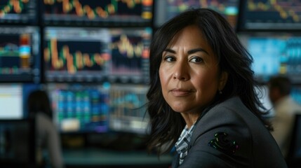 The picture of the latina financial analysis working inside the office with monitor analyzing finance, financial analysis require skill financial analysis, risk management and economic. AIG43.