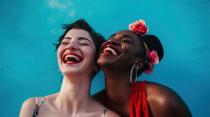 Two women are smiling and laughing together. One of them has a nose ring. Scene is happy and lighthearted