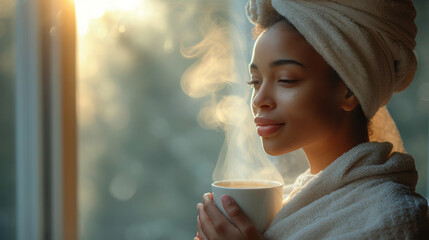 A woman is holding a cup of coffee and wearing a towel. She is smiling and she is enjoying her coffee