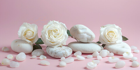 Spa settings with white stones and white roses isolated on pink background