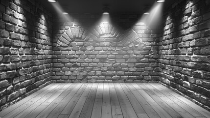 A black and white photo of a room with brick walls, AI