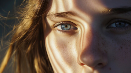 A woman with blue eyes and brown hair. The sun is shining on her face, casting a shadow on her nose