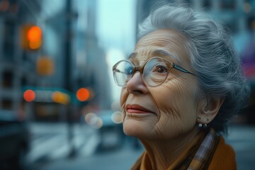 An older woman walks down the street in New York City,