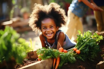 Obraz premium Girl gardening vegetable cheerful outdoors.