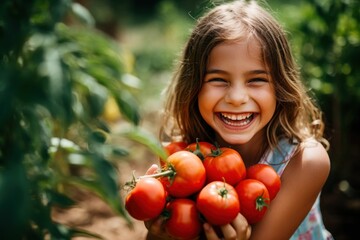 Fototapeta na wymiar Girl gardening cheerful holding tomato.
