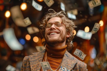 A cheerful man with curly hair experiences bliss as money rains down on him, portraying wealth and pleasure
