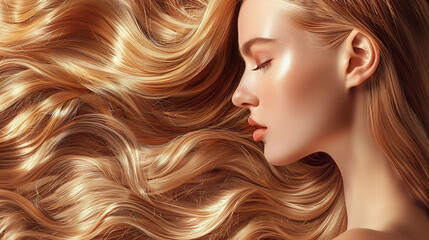 Naklejka premium Beautiful profile portrait of woman with long and shiny wavy hair . Beauty model girl with curly hairstyle. Fashion, cosmetics, hair care and makeup design with copy space area. Banner, product design