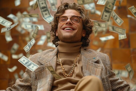 A man with curly hair and a jubilant smile is surrounded by money, symbolizing wealth and happiness