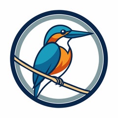 Kingfisher sitting on a branch in a circle logo vector illustration with white background
