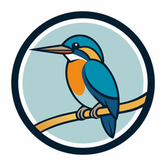 Kingfisher sitting on a branch in a circle logo vector illustration with white background
