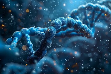 Close-up image featuring a segment of a DNA strand with detailed particles and sparks, highlighting genetic complexity and beauty in blue hue