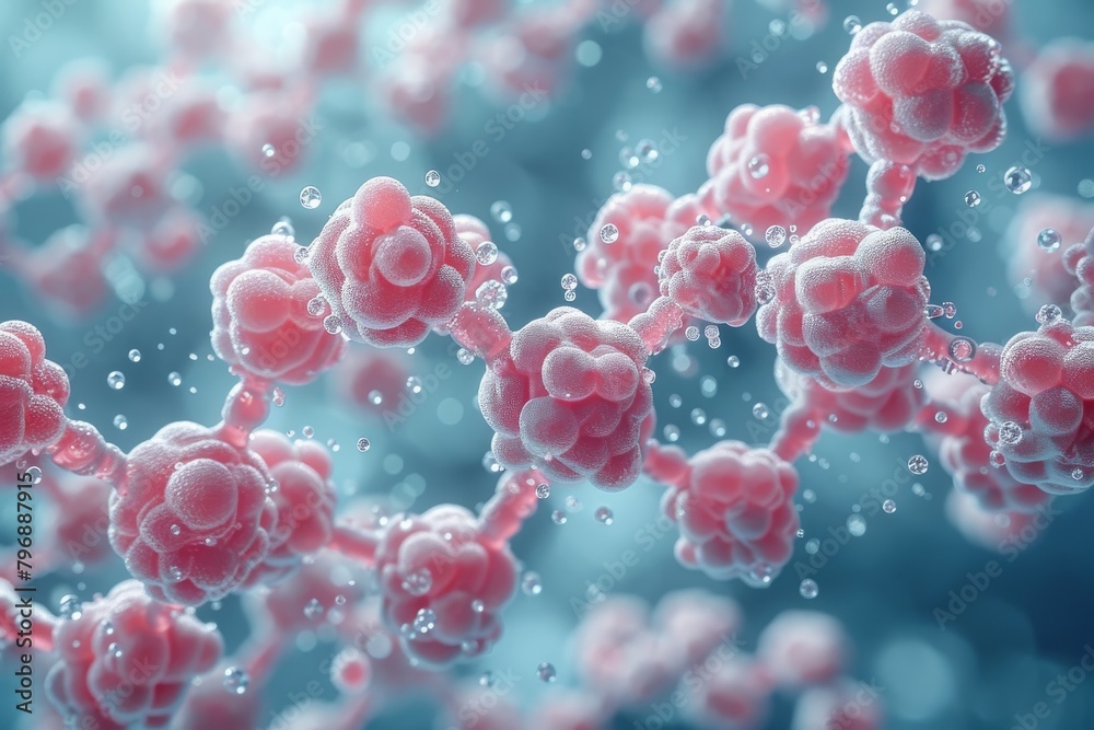 Poster this image features a 3d rendering of blue molecules interconnected with bubbles, simulating a scien