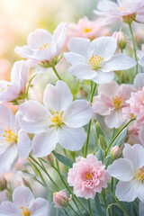 Obraz premium Pastel Reverie: Delicate Flowers Create a Softly Focused Romantic Dream. generative AI