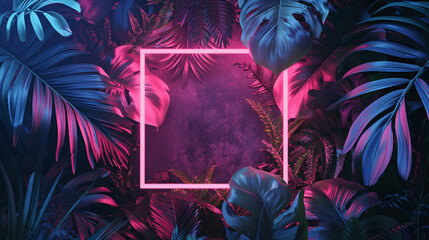 Creative fluorescent color layout made of tropical leaves with neon light square. Neon frame template among tropical jungle foliage. 3D render. 3D illustration.