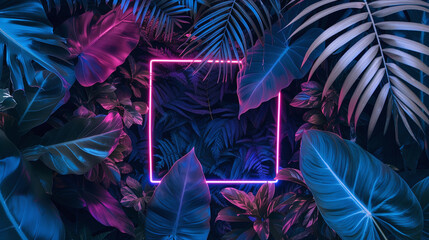 Creative fluorescent colour layout made of tropical leaves with neon light square. Flat lay. Nature concept - obrazy, fototapety, plakaty