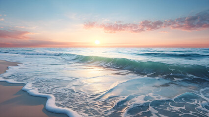 Oceanic Serenity: Muted Seascape Entices with Soft Waves and Sandy Shores. Relaxing Retreat. generative AI