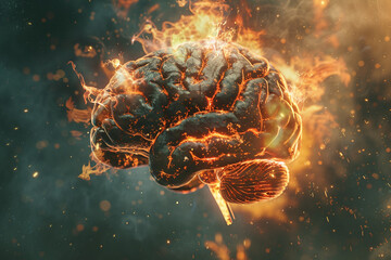 Brain on fire. Brain explosion with fire, sparks and smoke. Concept of degenerative cognitive brain diseases. Treatment of brain powers. Migraine, headache. - obrazy, fototapety, plakaty