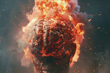 Brain on fire. Brain explosion with fire, sparks and smoke. Concept of degenerative cognitive brain diseases. Treatment of brain powers. Migraine, headache.