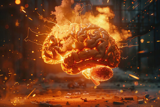 Brain on fire. Brain explosion with fire, sparks and smoke. Concept of degenerative cognitive brain diseases. Treatment of brain powers. Migraine, headache.