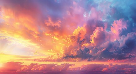 Obraz premium A breathtaking sunset sky with vibrant colors, casting long shadows and creating an enchanting atmosphere Generative AI