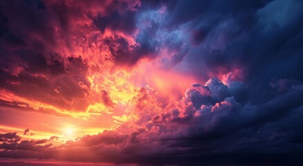 A breathtaking sunset sky with vibrant colors, showcasing the beauty of nature's evening display The sun sets behind dark storm clouds creating an enchanting scene Generative AI