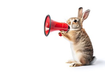 A grey rabbit sitting on its hind legs screams into a megaphone on a white background.