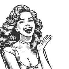 woman laughing heartily, her head thrown back in a moment of pure joy and infectious mirth sketch engraving generative ai fictional character vector illustration. Black and white image. - obrazy, fototapety, plakaty