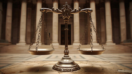 Law firm consultation banner, legal advice service, family criminal social statute justice concept,  with copy space area. Scales in front of supreme court house building, abstract background banner.