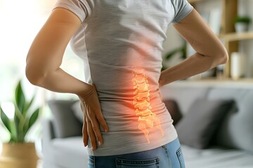 Woman experiencing back pain at home due to lumbar intervertebral disc herniation. Concept Back Pain Management, Lumbar Health, Home Remedies, Physical Therapy Exercises, Lifestyle Changes - obrazy, fototapety, plakaty