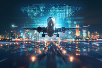 Technology digital future of commercial air transport concept, Airplane taking off from airport runway on city skyline and world map background with copy space, Moving by speed motion blur effect 