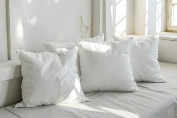 Fototapeta na wymiar White pillow mockups for interior design presentations and projects. Concept Interior Design, White Pillows, Mockups, Home Decor, Interior Styling
