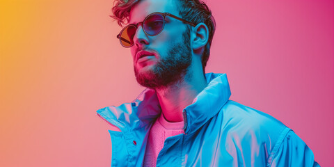 A young European from Generation Z shows off a fashionable outfit in bright neon colors. Its distinct look reflects the modern fashion and creativity of this generation.