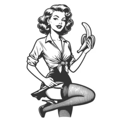  pin-up girl playfully peeling a banana, capturing a cheeky and fun 1950s vibe sketch engraving generative ai fictional character vector illustration. Scratch board imitation. Black and white image. © Oleksandr Pokusai